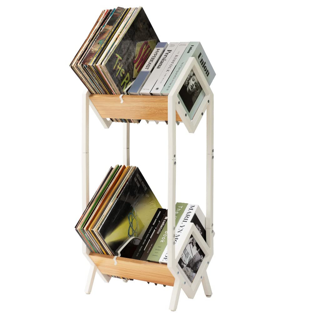 Vintage Oak Double-Layer Vinyl Record Storage Rack - Stylish and