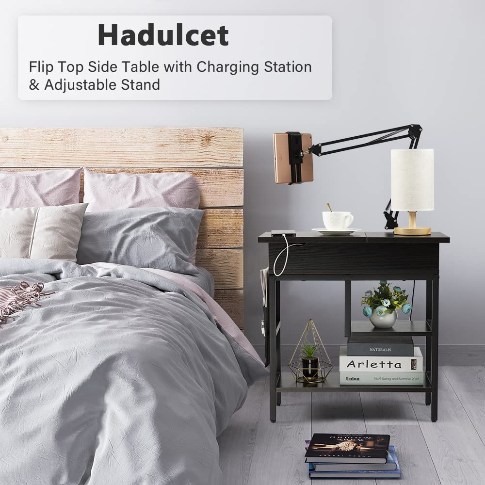 Enhance Your Space with the Adjustable Stand Narrow Flip Top Black Walnut Side Table with Charging Station from Hadulcet