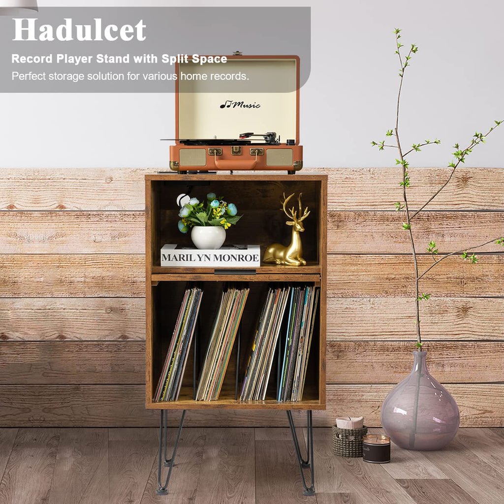 Timeless Melodies: Introducing the Rustic Brown Wooden Record Player Table with Metal Legs by Hadulcet