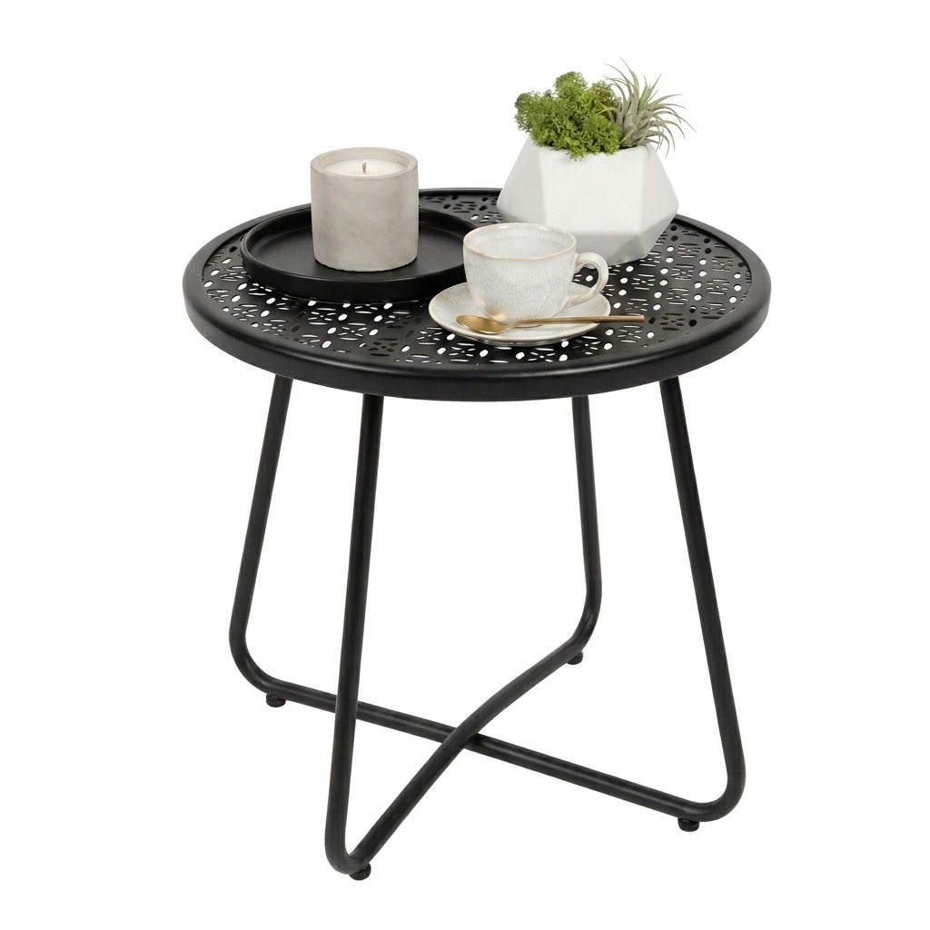 TeoKJ 18" Metal Round Side Table with Floral Design,  Black