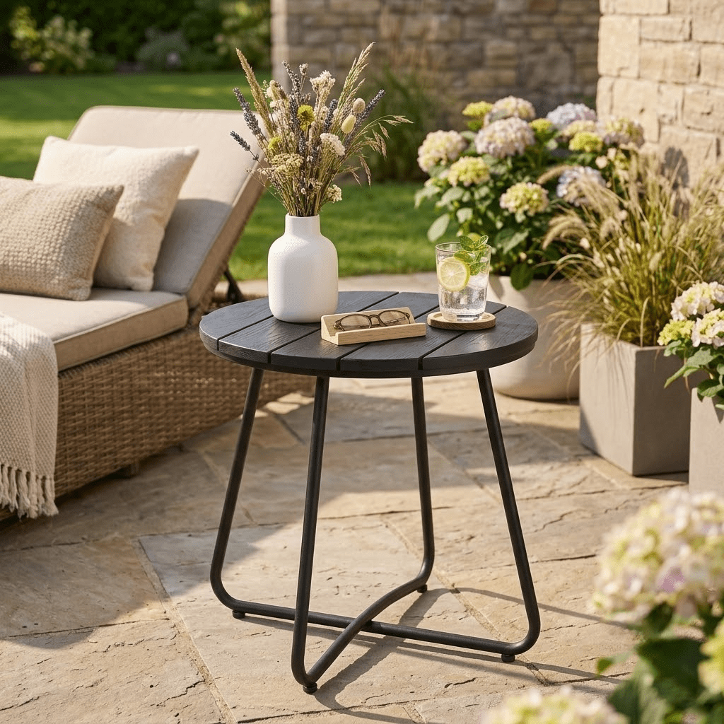 TeoKJ Outdoor Modern 18 Inch Polywood and Metal Round End Table, Black