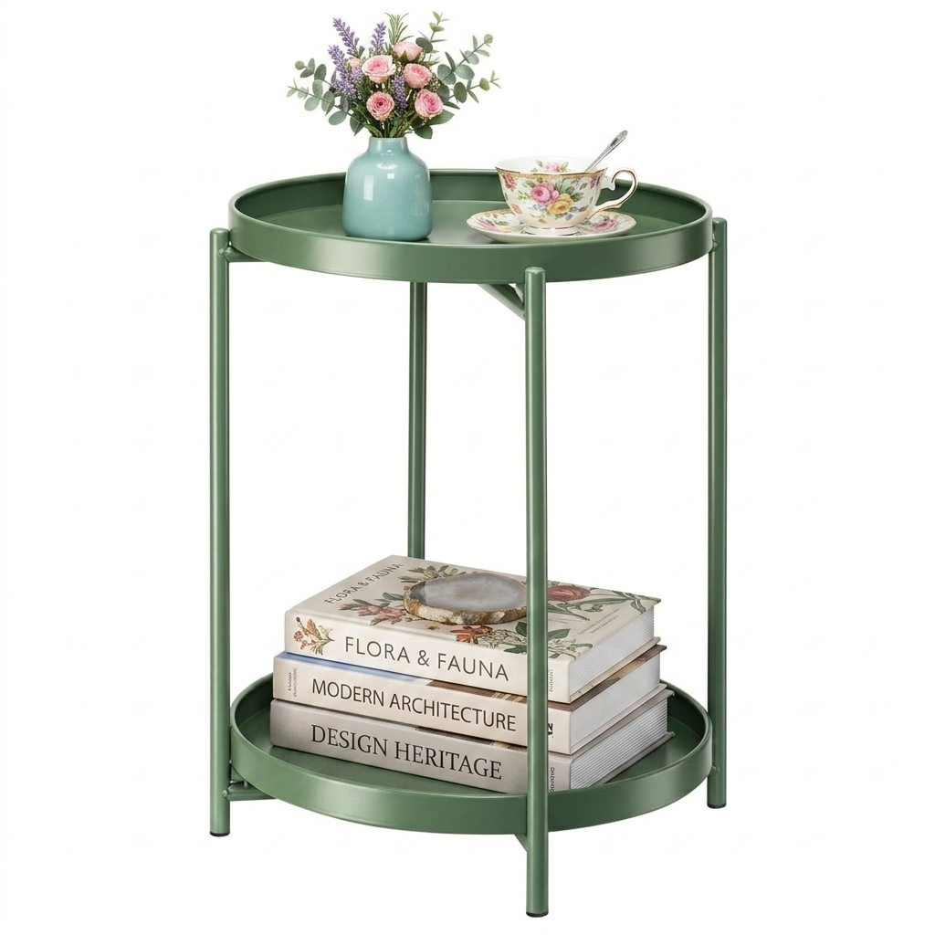 TeoKJ Anti-Rust Army Green 2-Tier Round Folding Metal End Table With Removable Tray