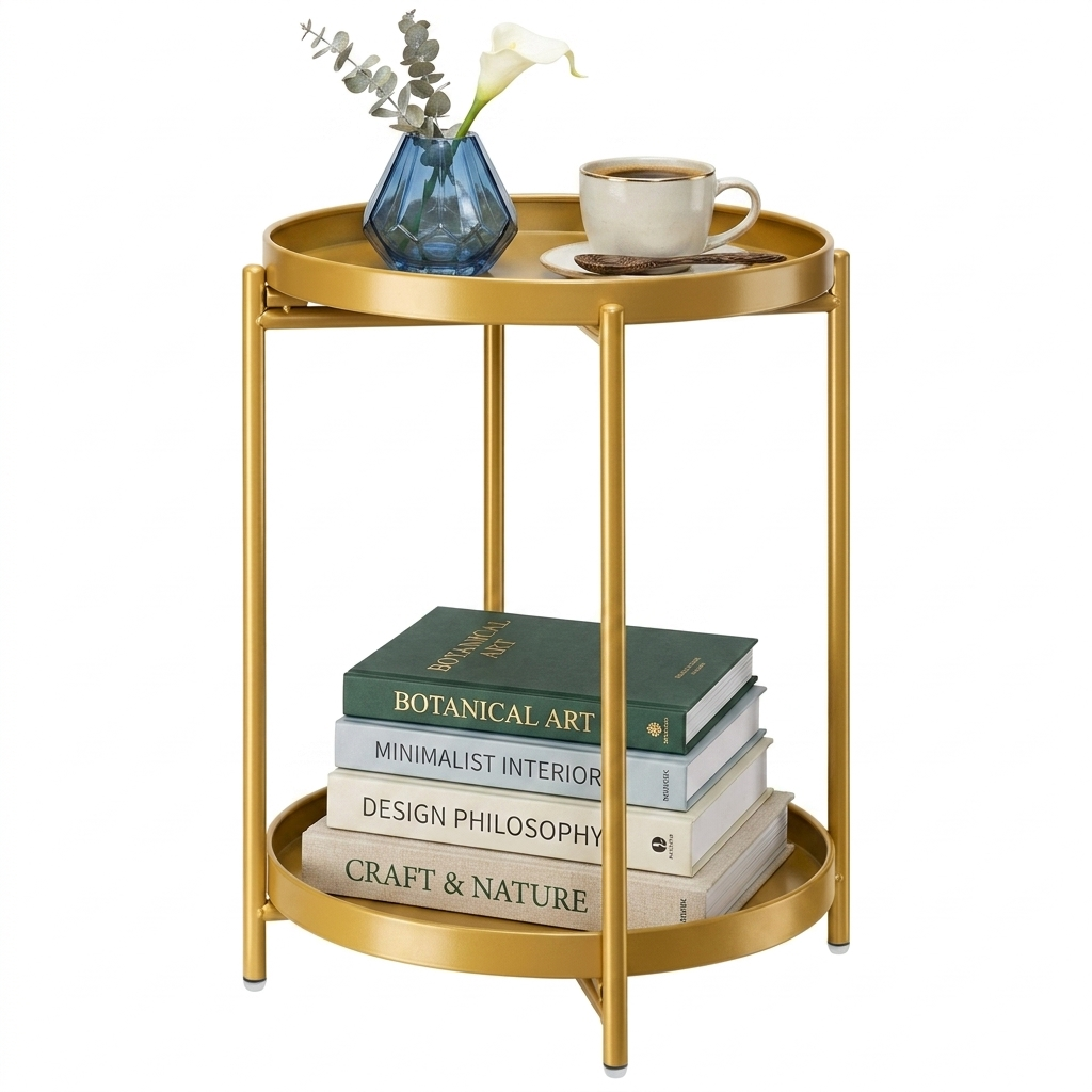 TeoKJ Gold Round Folding Metal End Table With Storage
