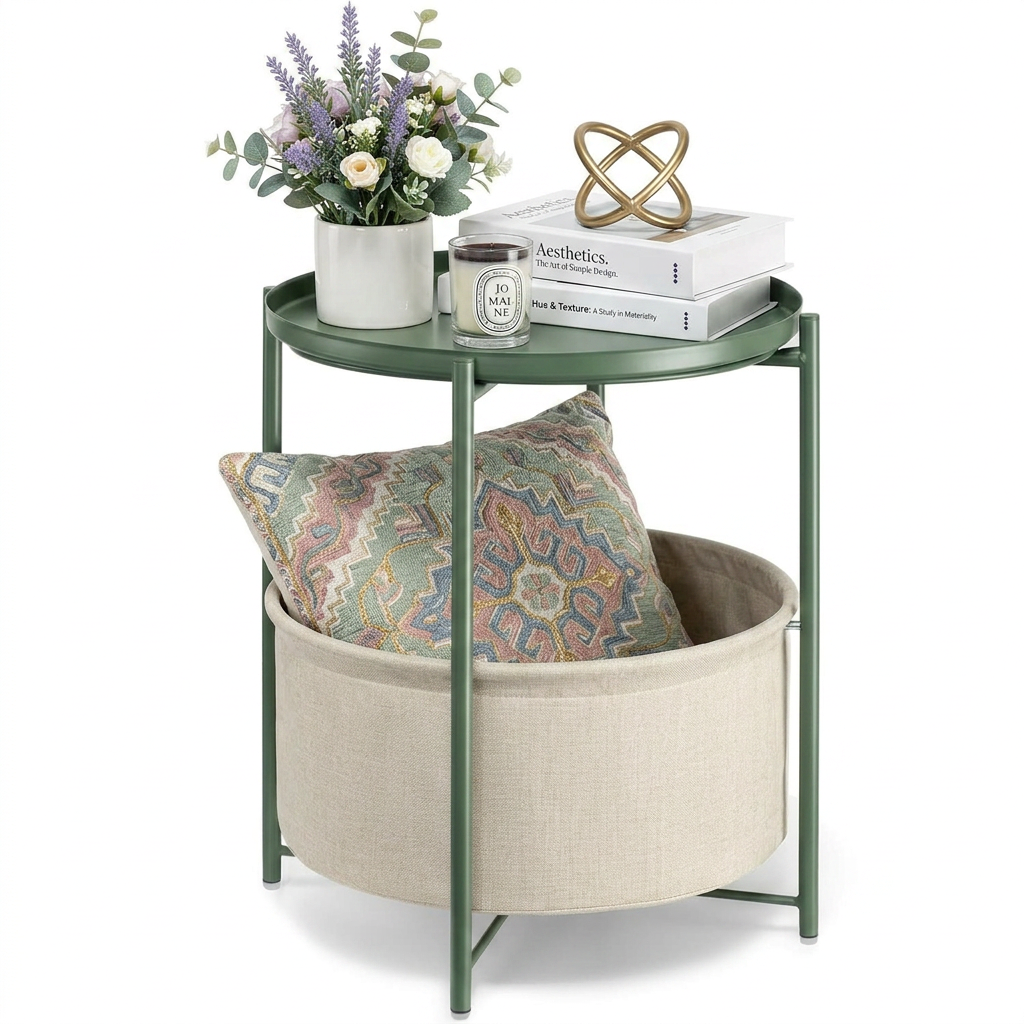 TeoKJ Dark Green Metal Round Side Table with Fabric Storage Basket