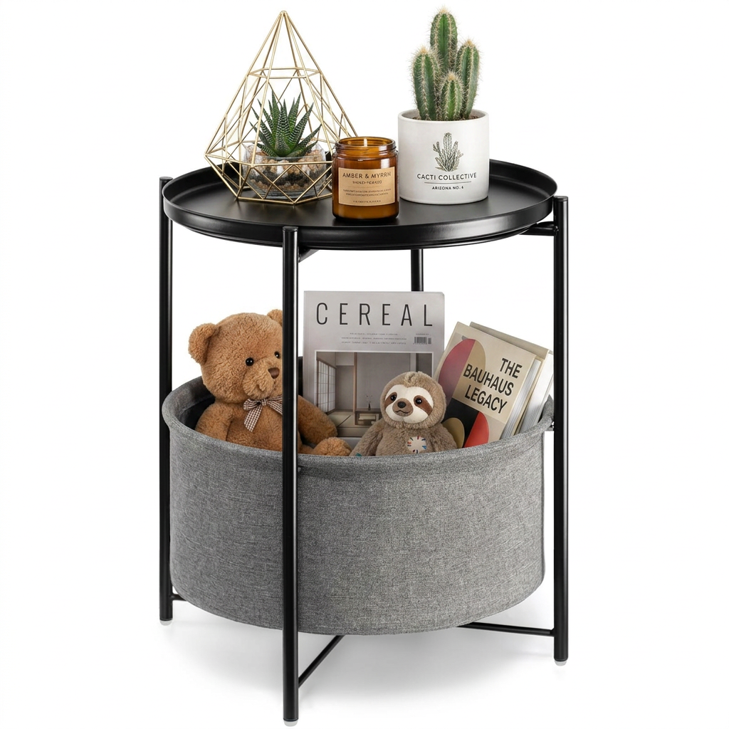 TeoKJ Black Metal Round Side Table with Basket Storage