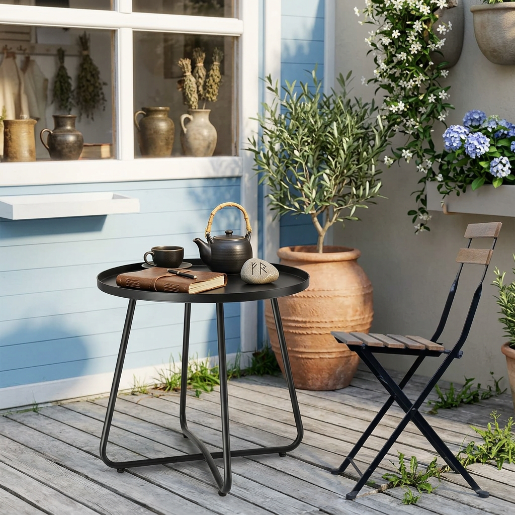 TeoKJ Outdoor Weather-Resistant Metal Round End Table, Black