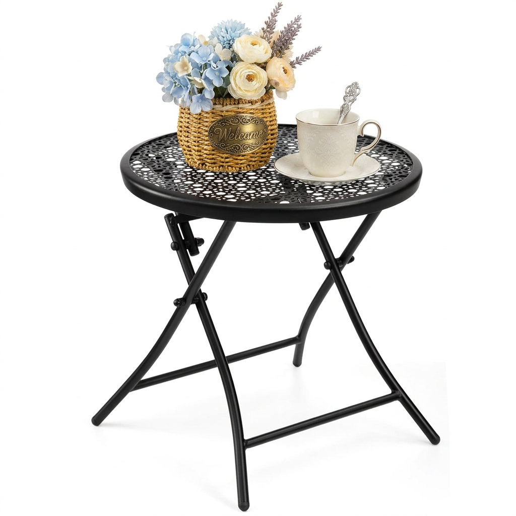 TeoKJ Elegant Black Cut-out Floral Design Folding Outdoor Side Table