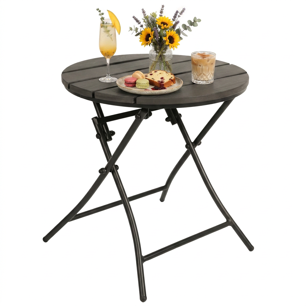 TeoKJ Folding Outdoor Side Table, 18 Inch Small Round Patio End Table with Faux Wood Top, Weather Resistant Metal Accent Table for Balcony, Porch and Garden, Black