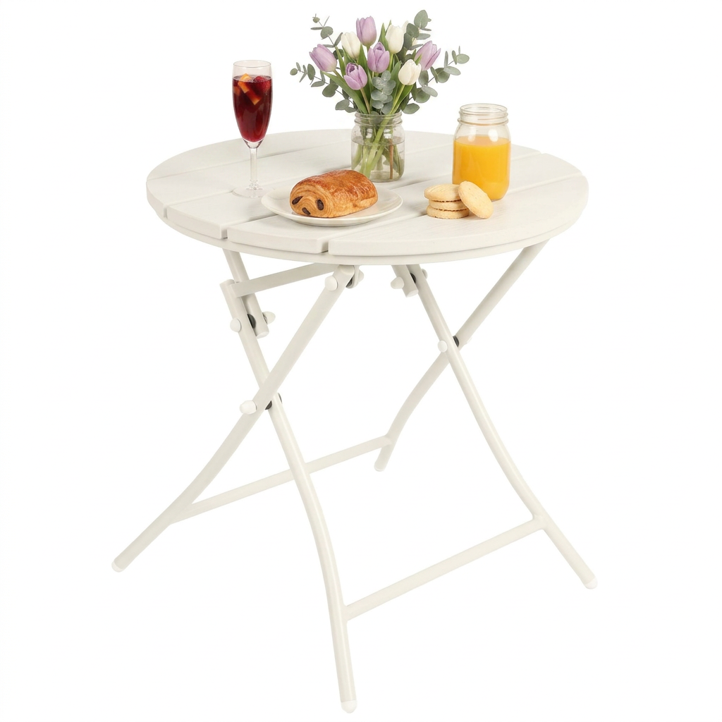 TeoKJ Folding Outdoor Side Table, 18 Inch Small Round Patio End Table with Faux Wood Top, Weather Resistant Metal Accent Table for Balcony, Porch and Garden, White