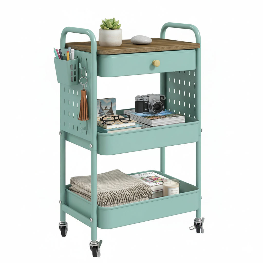TeoKJ 3-Tier Rolling Utility Cart with Wooden Tabletop & Storage Drawer, Green