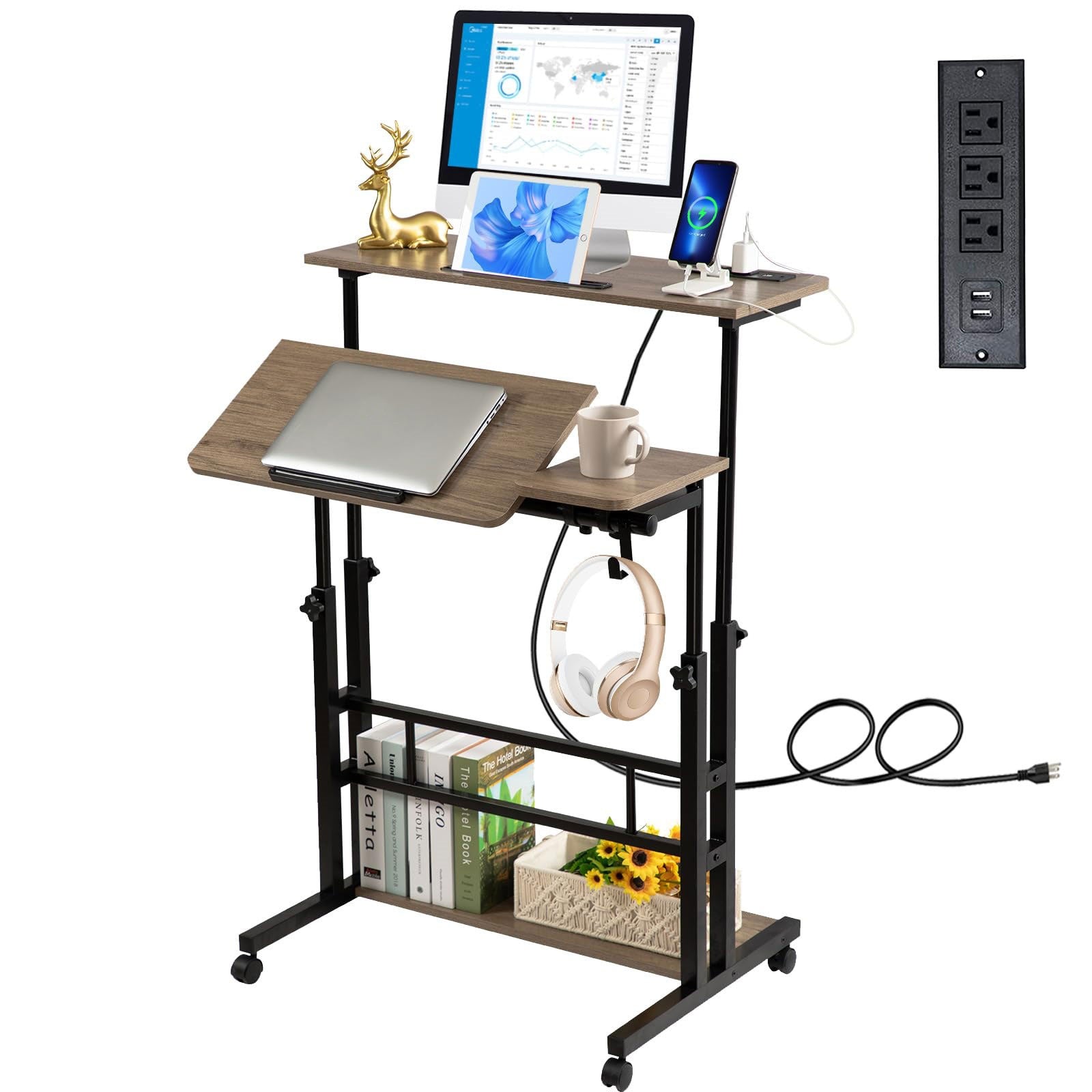 Rustic Brown Upgrade Rolling Adjustable Mobile Standing Desk with Whee ...