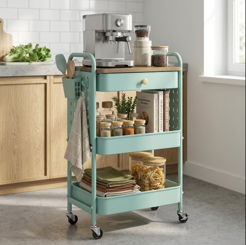 TeoKJ 3-Tier Metal Rolling Cart with Wood Top and Pegboard, Green Rolling Cart, Utility Cart with Drawer for Crafts and Kitchen