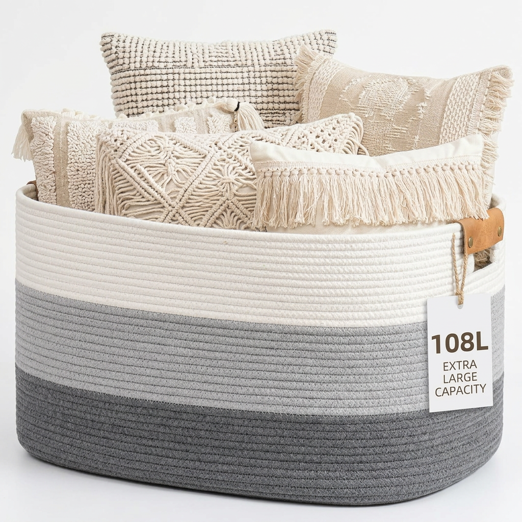 TeoKJ 108L Cotton Rope Woven Storage Basket, Gradient Grey