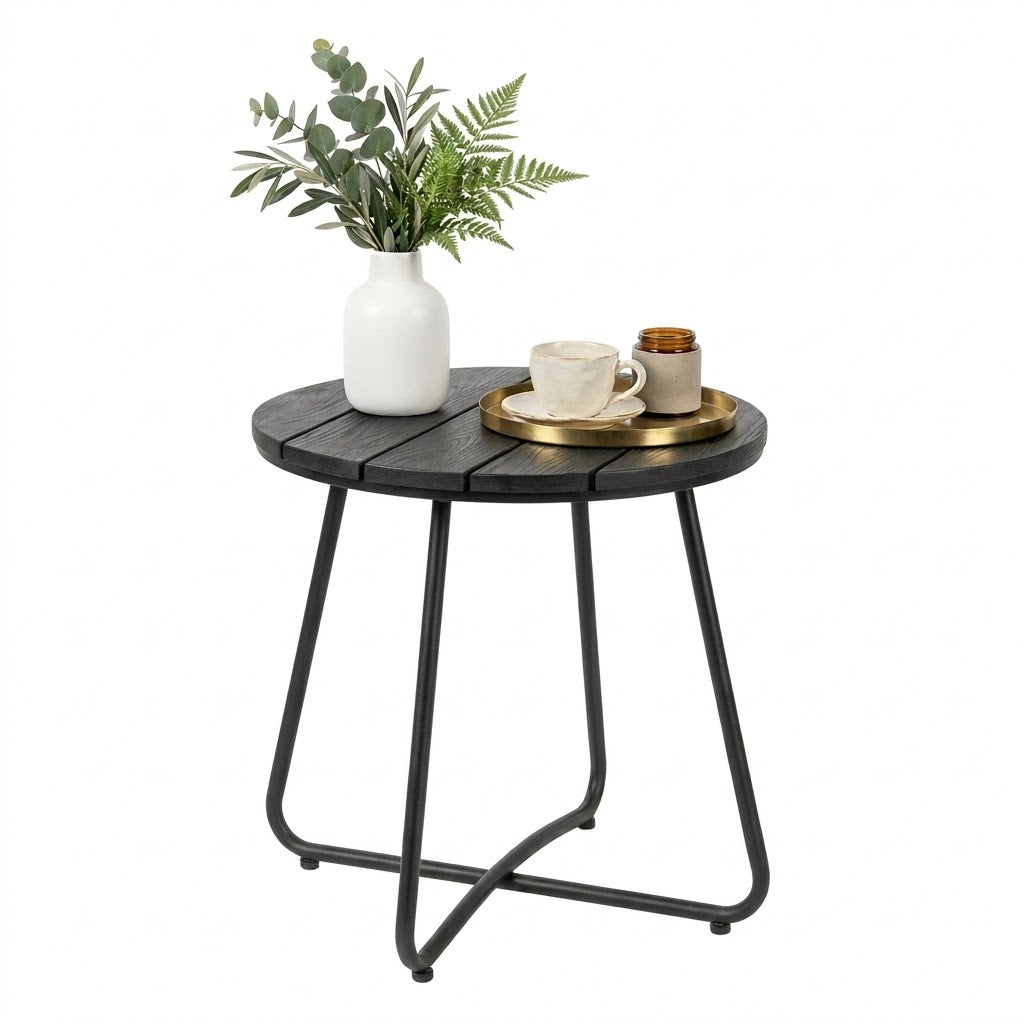 TeoKJ 18" Premium Wood and Metal Round Side Table, Black