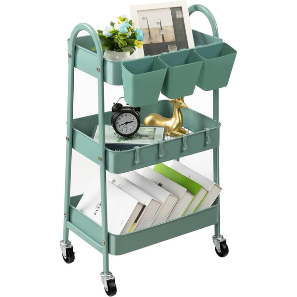 Danpinera Green Metal 3-Tier Storage Rolling Cart with Lockable Wheels & Hanging Cups & Hooks, MRC-G