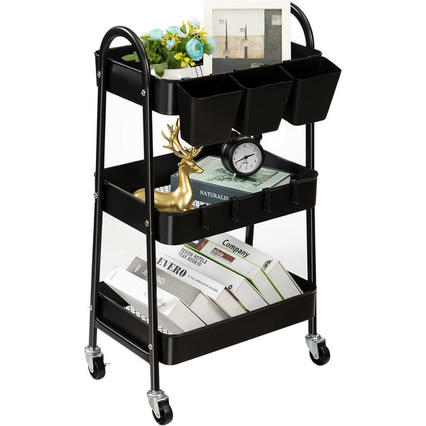 Danpinera Black Metal 3-Tier Storage Rolling Cart with Lockable Wheels & Hanging Cups & Hooks, MRC-BK