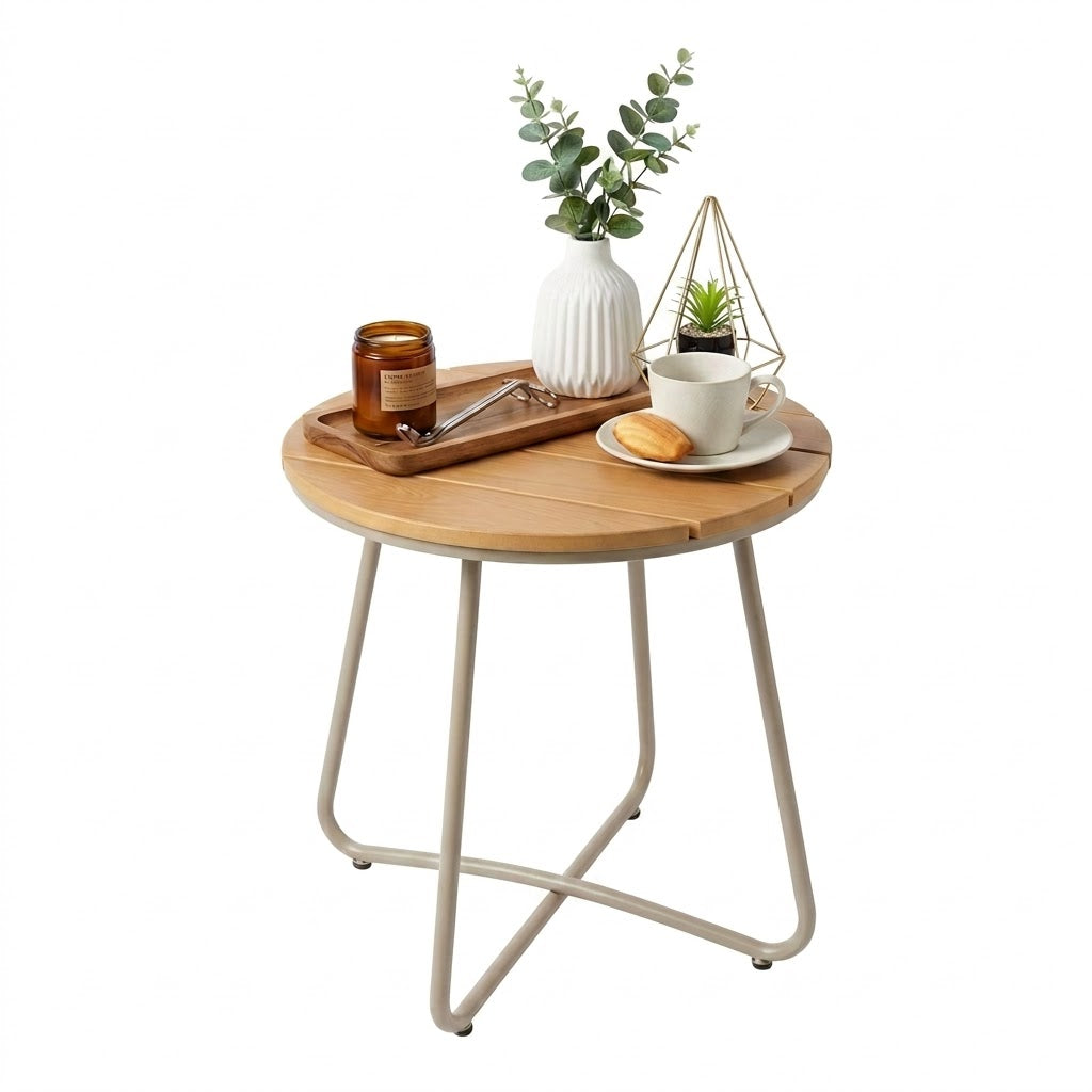 TeoKJ 18" Premium Wood and Metal Round Side Table, Natural