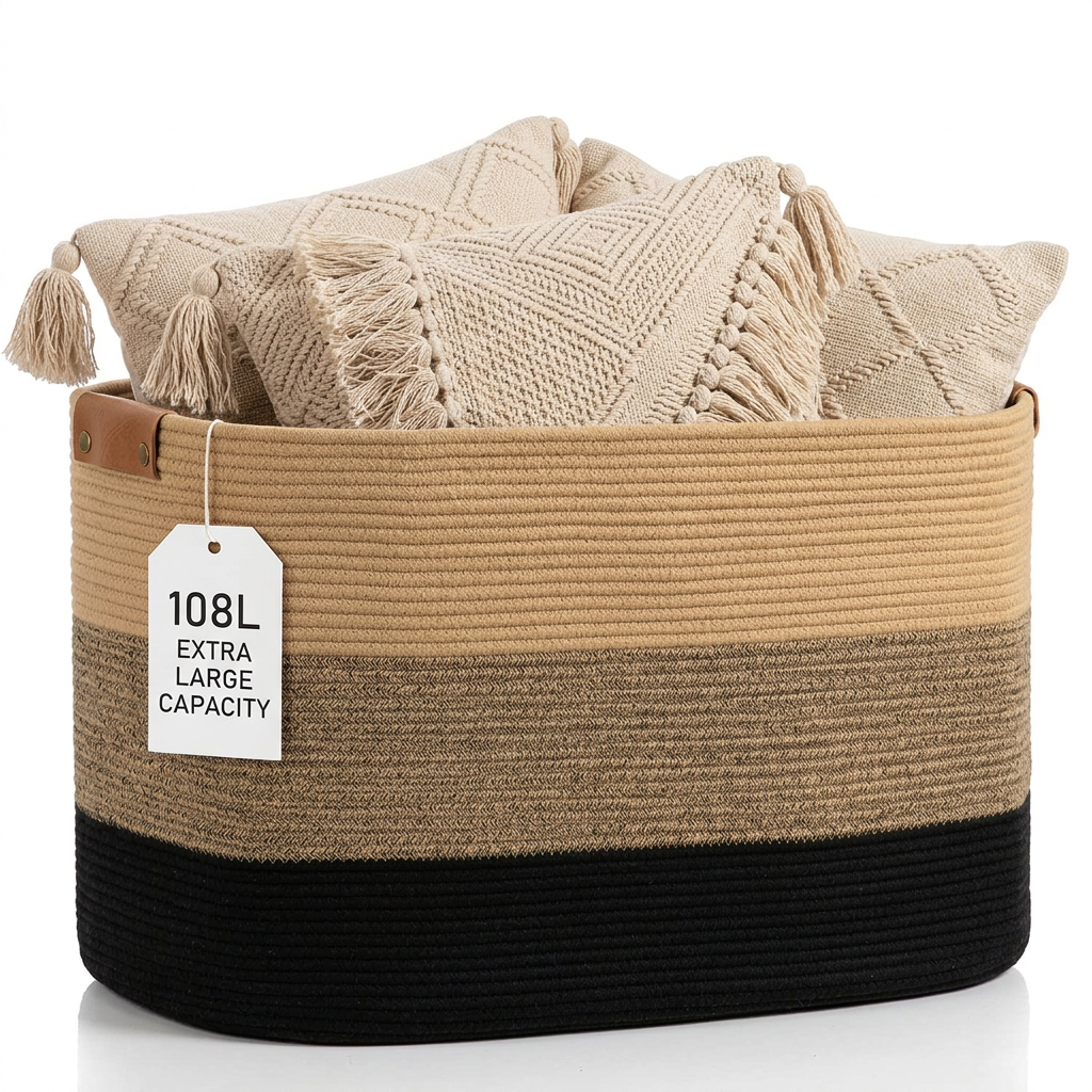 TeoKJ 108L Cotton Rope Woven Storage Basket, Gradient Linen