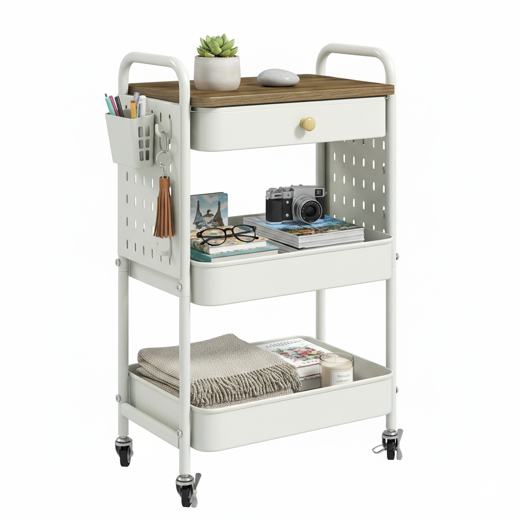TeoKJ 3-Tier Rolling Utility Cart with Wooden Tabletop & Storage Drawer, White
