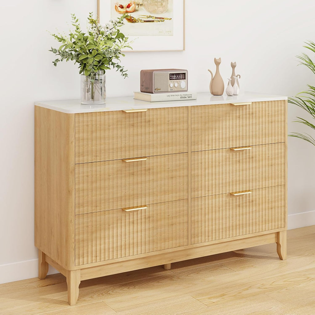 Hadulcet Fluted Dresser for Bedroom with 6 Drawers, 47" W Modern Dresser with Faux Marble Top & Gold Handles, Wooden Chest of Drawers, Natural Oak Storage Organizer for Clothes, TV Stand & Boho Dresser