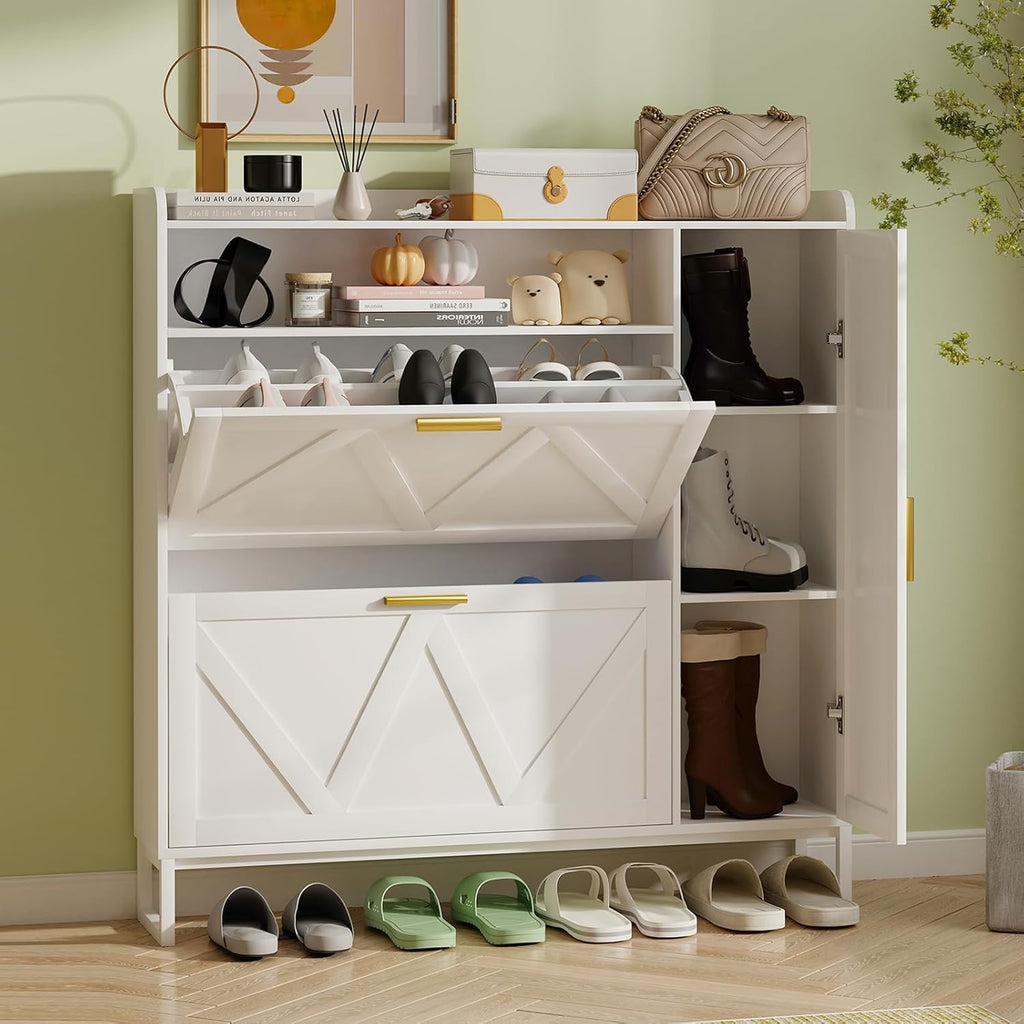 Hadulcet White Shoe Cabinet with 2 Flip Drawers Door, 43"W Hidden Shoe Organizer Cabinet Storage for Entryway, Closet, Boot, Adjustable Shelves, Narrow Shoe Rack Freestanding Cupboard, At Least 20 Pair