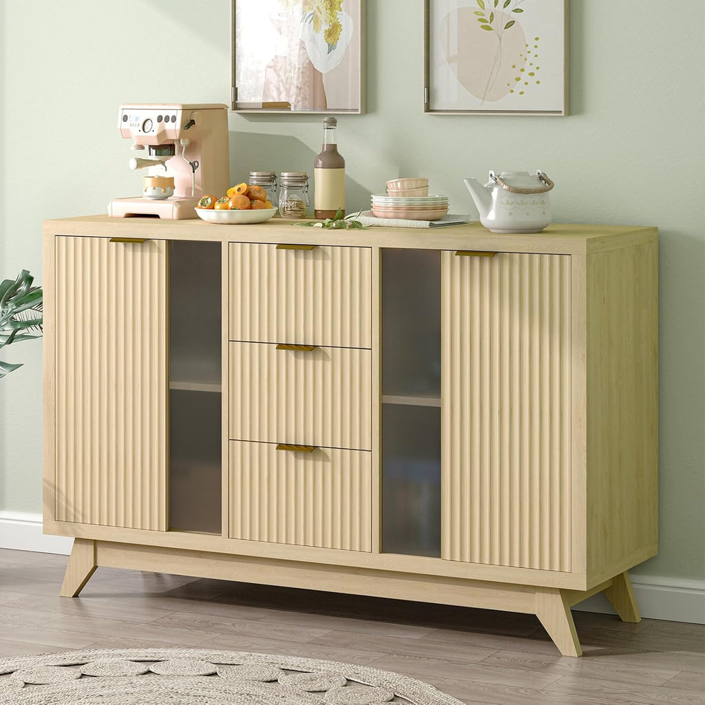 Hadulcet Fluted Sideboard Buffet Cabinet with Storage, 47" Modern Mid Century Coffee Bar Storage Cabinet with Doors and Drawers, Narural Oak