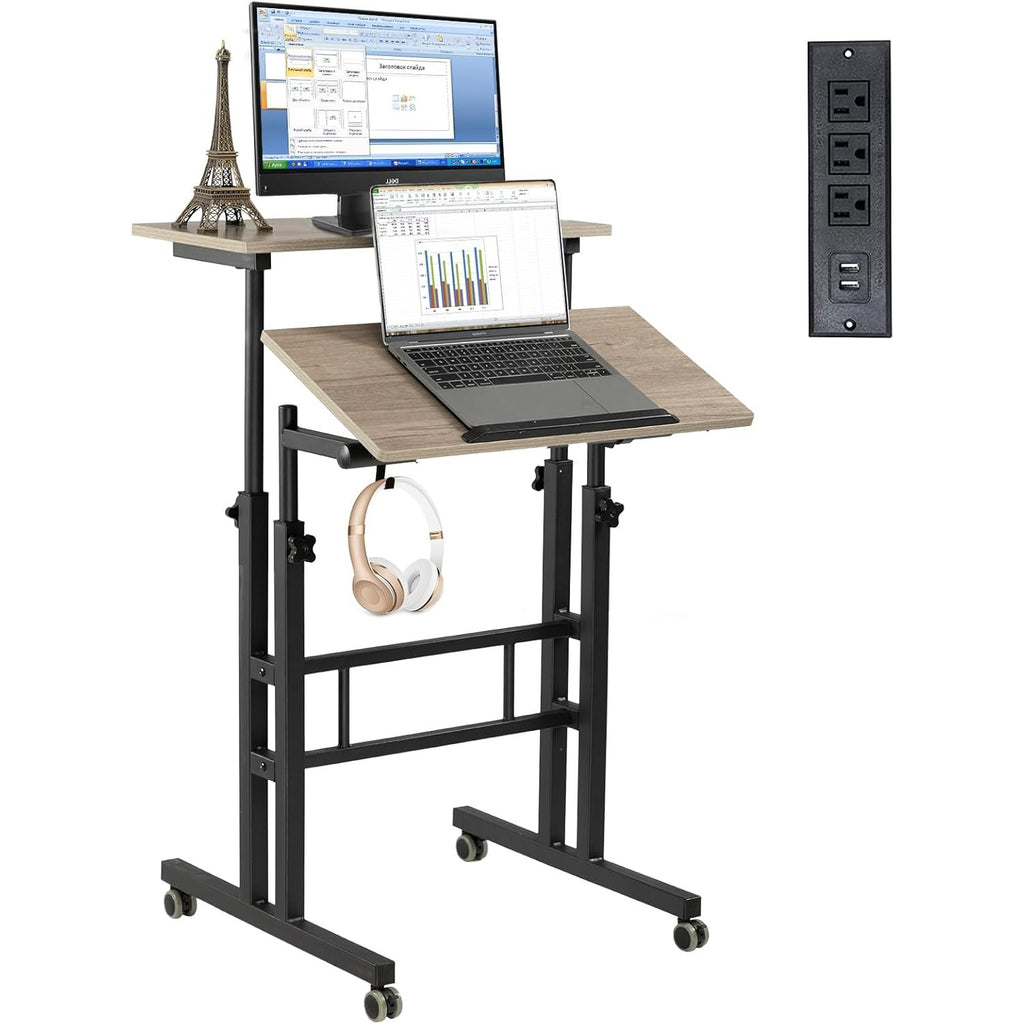 Hadulcet Mobile Standing Desk with Charging Station, Adjustable Stand, DK-01G-UP