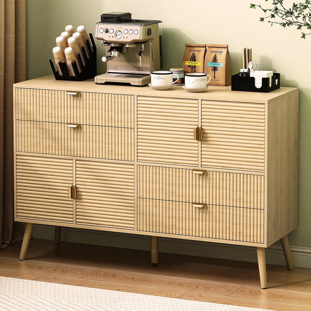 Hadulcet Fluted Sideboard Buffet Cabinet with Storage, 4 Drawers & 4 Doors, 47" Mid Century Modern Coffee Bar Station, Boho Wood Storage Cabinet for Living Room, Kitchen, Entryway, Oak