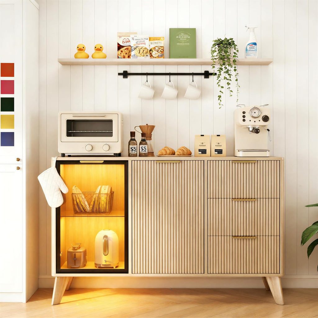 Hadulcet Fluted Design Buffet Cabinet with Storage & Glass Door, Kitchen Coffee Bar Cabinet with Adjustable Shelves, Buffet Table Sideboard for Dining Room, Coffee Station for Living Room, Hallway