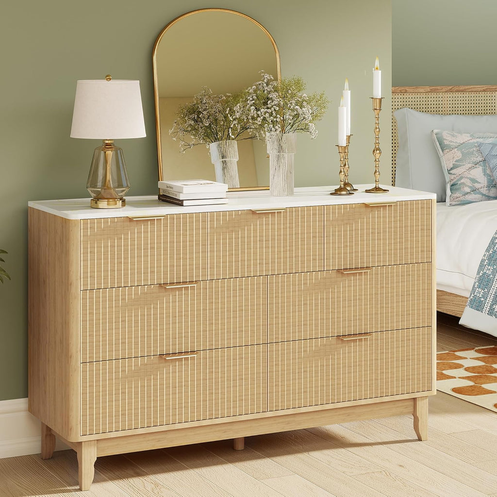 Hadulcet 7 Drawers Dresser for Bedroom, 51" Wide Dresser TV Stand with Marble White Top, Fluted Panel, Smooth Curve, Metal Handles for Hallway, Natural Oak