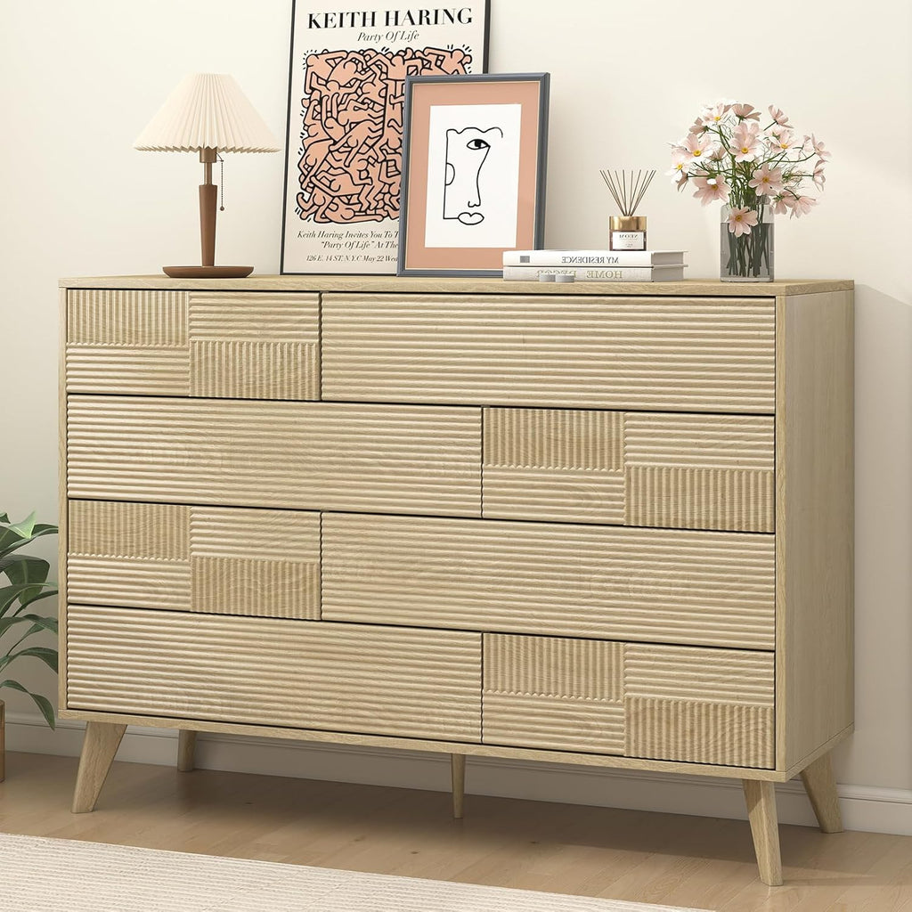 Hadulcet Wood Dressers for Bedroom 47” Wide, Large 8 Drawer Dresser TV Stand, Modern Chest of Drawers for Closet Clothes Storage Organizer with Fluted Panel, No Handles Design, Natural Oak