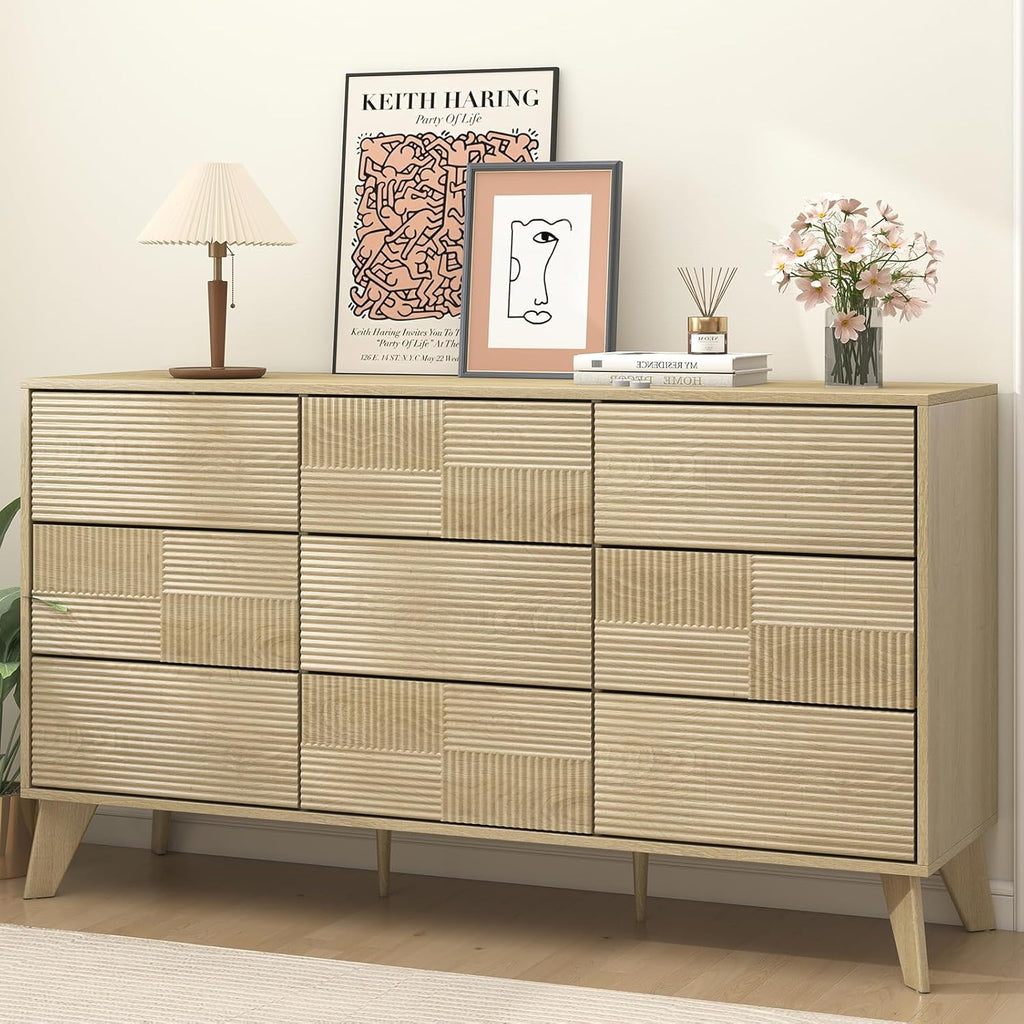 Hadulcet Wooden Dresser for Bedroom, Mid Century Modern 55” Wide Fluted 9 Drawers Dresser Storage Clothes for Closet Organizer, Handleless Design, Push to Open, Natural Oak