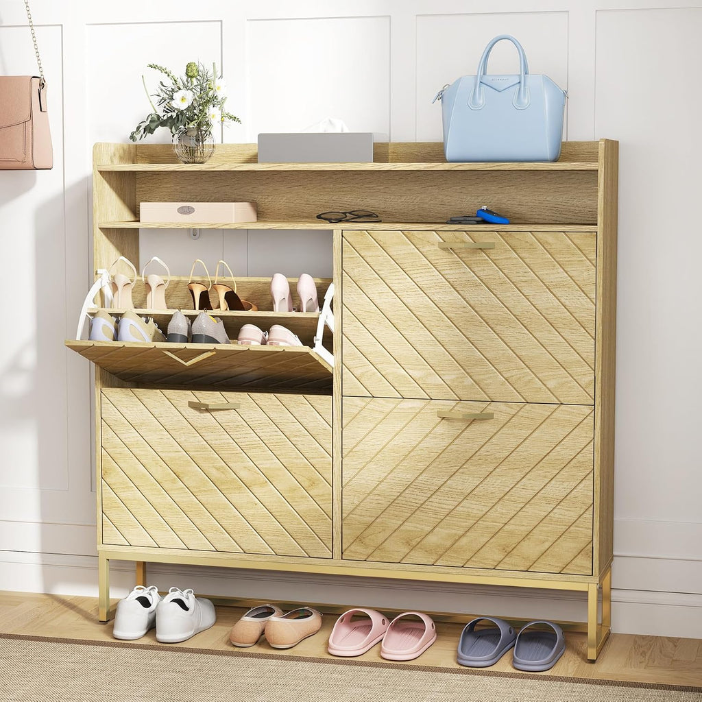 Hadulcet Fluted Shoe Cabinet Storage for Entryway, Narrow Hidden Shoe Storage Organizer with 4 Flip Drawers & Adjustable Shelves, Mid Century Modern Narrow Freestanding Shoe Racks Cabinet, Natural Oak