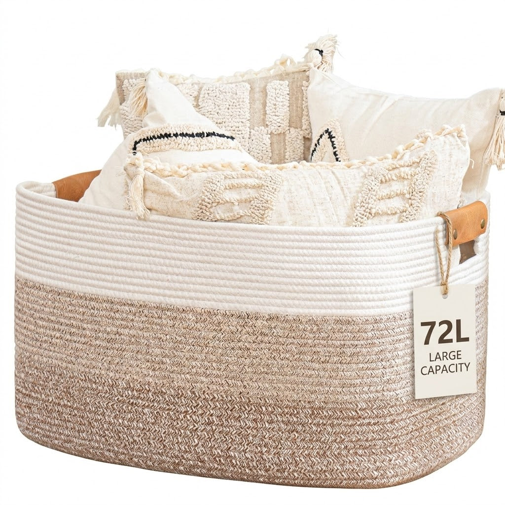 TeoKJ 72L Cotton Rope Woven Storage Basket with Leather Handles, Brown