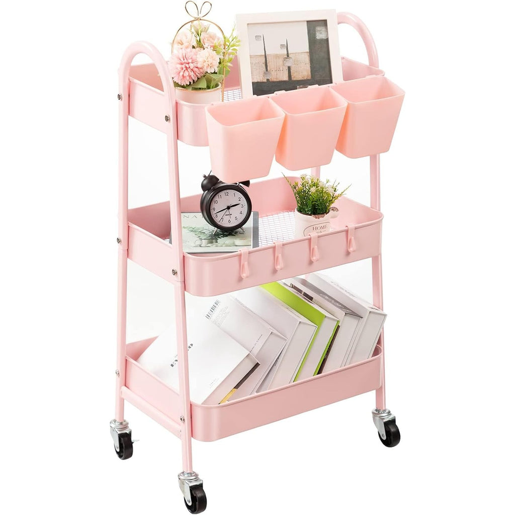 Danpinera Pink Metal 3-Tier Storage Rolling Cart with Lockable Wheels & Hanging Cups & Hooks, MRC-P