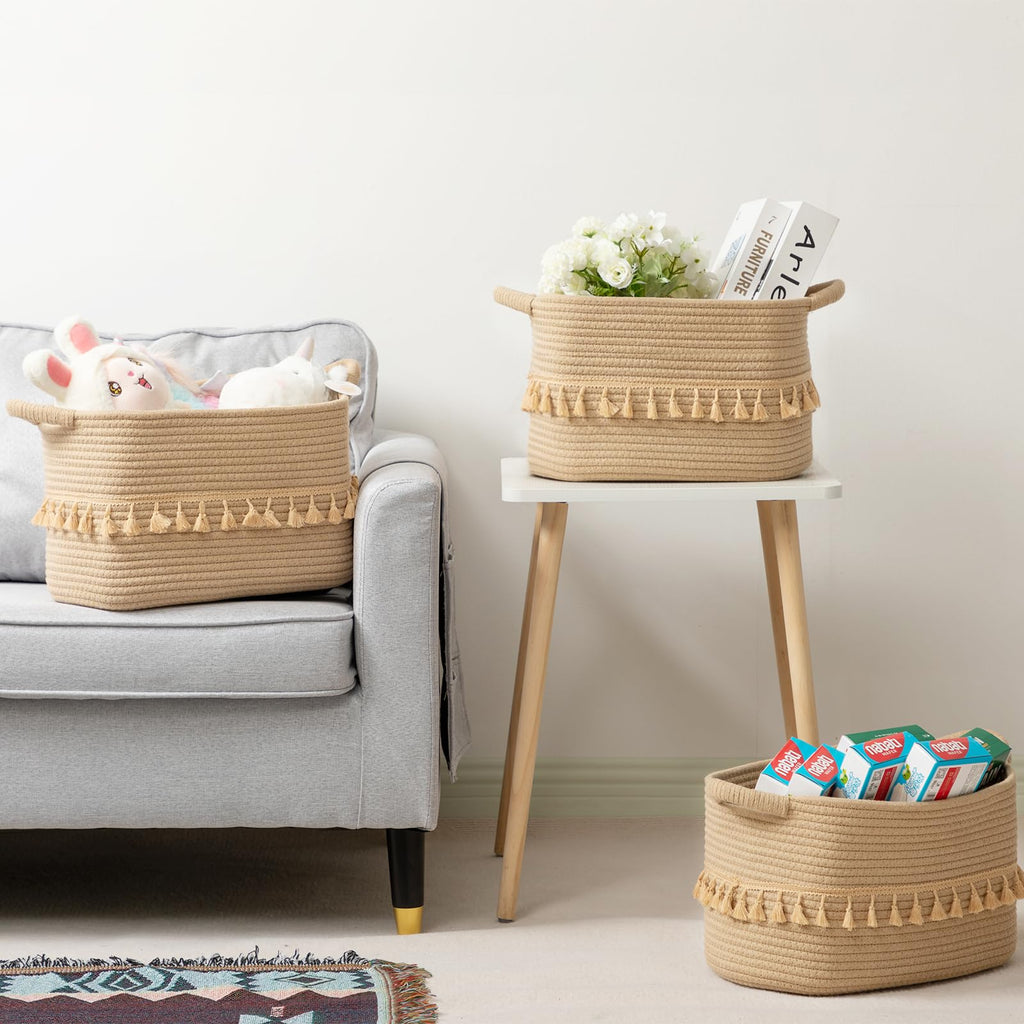 Danpinera 3 Pack Jute Woven Storage Cotton Rope Basket Bin