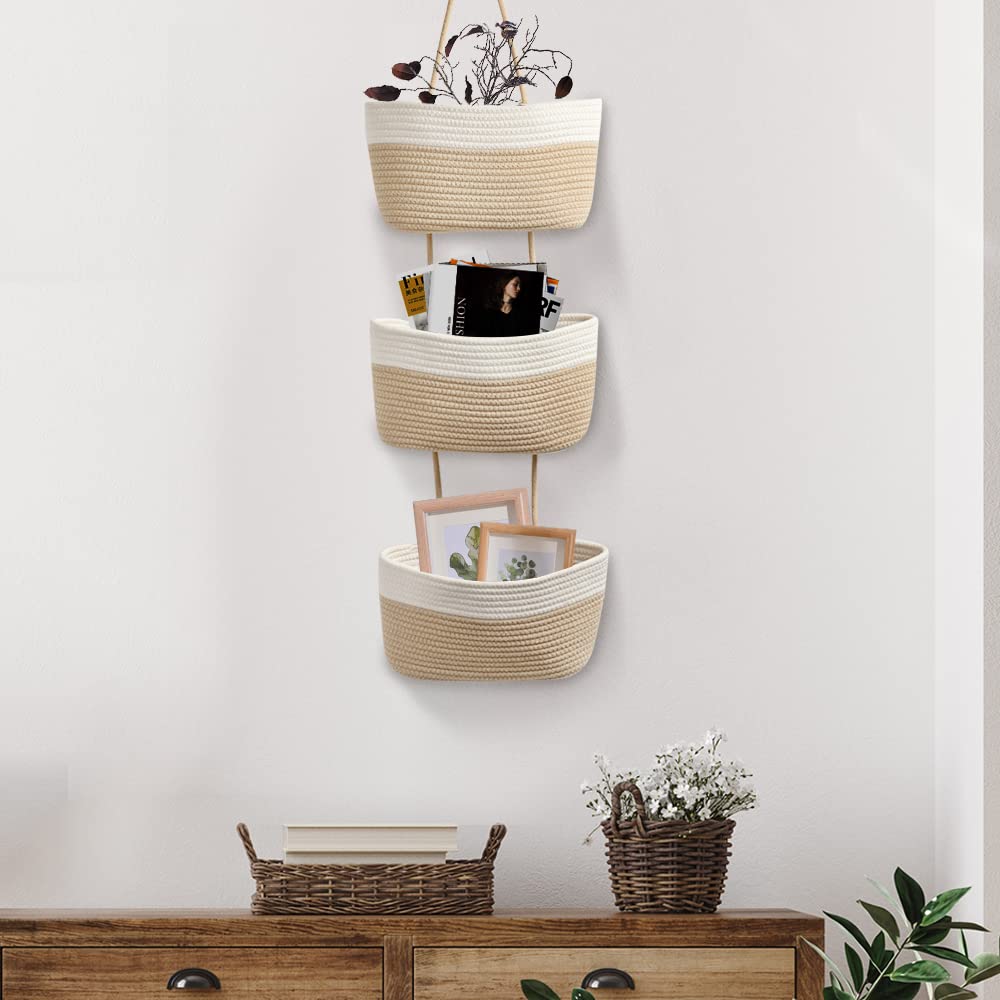 Danpinera 3 Packs Cheap White And Jute Cotton Hanging Storage Baskets