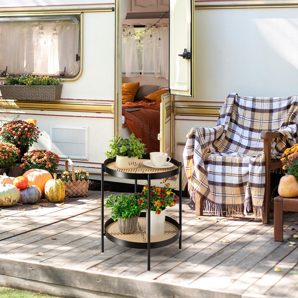 Danpinera Black 2 Tier Removable Tray Imitation Rattan Table for Living Room