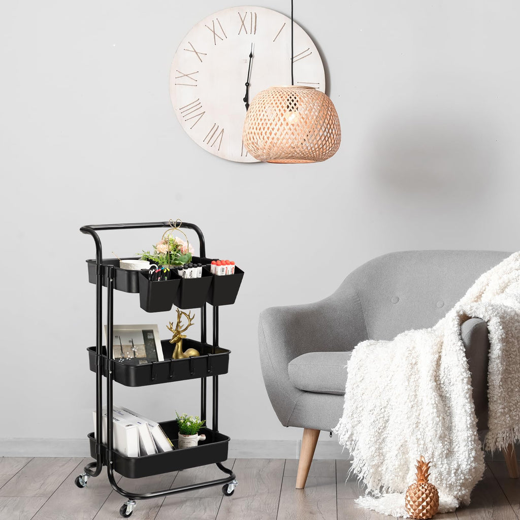 Danpinera Black 3-Tier Metal Tray with Hanging Hooks and Cups Cart