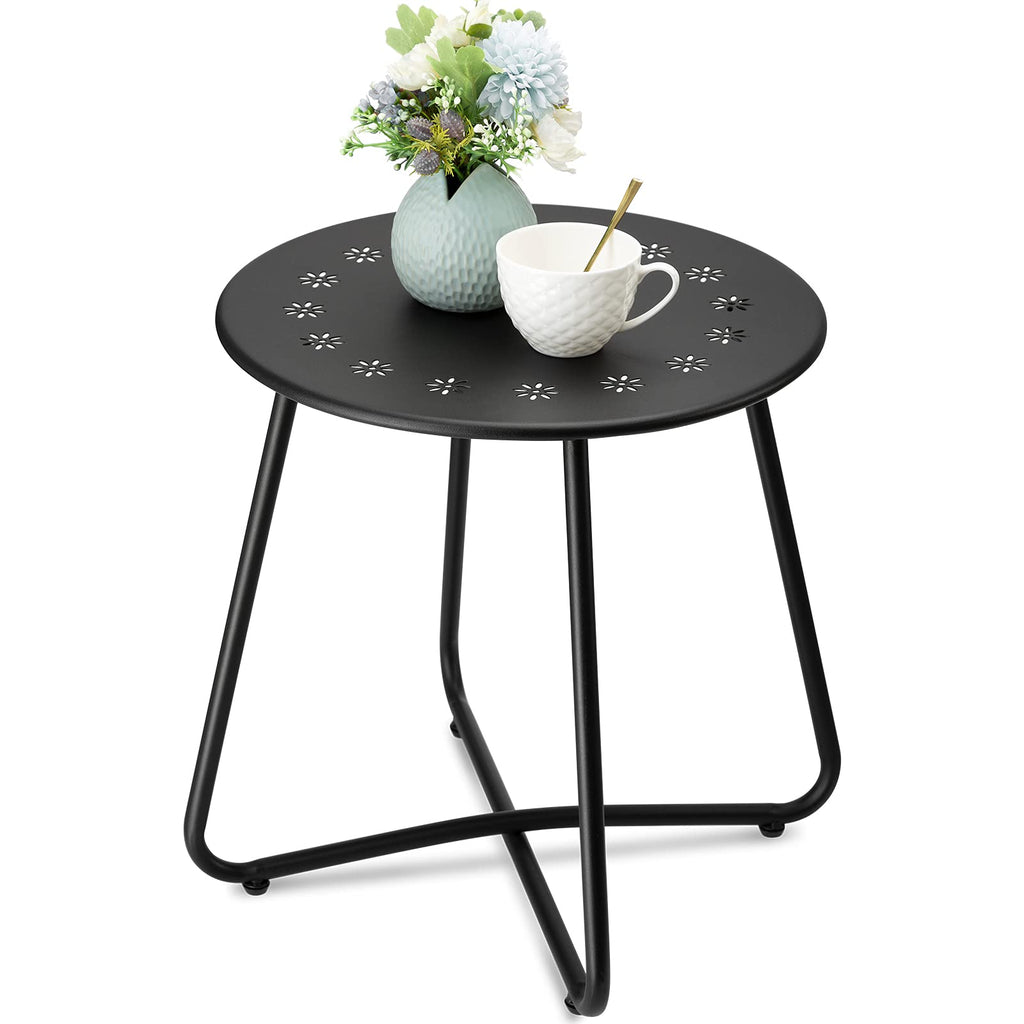 Danpinera Black Round Shape Flower Cutout Design Metal Patio Side Table