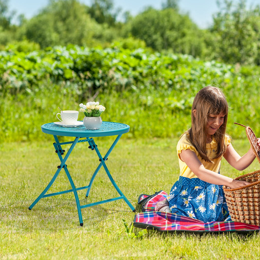 Danpinera Charming Blue Round Flower Cutout Design Metal Patio Folding Outdoor Side Tables