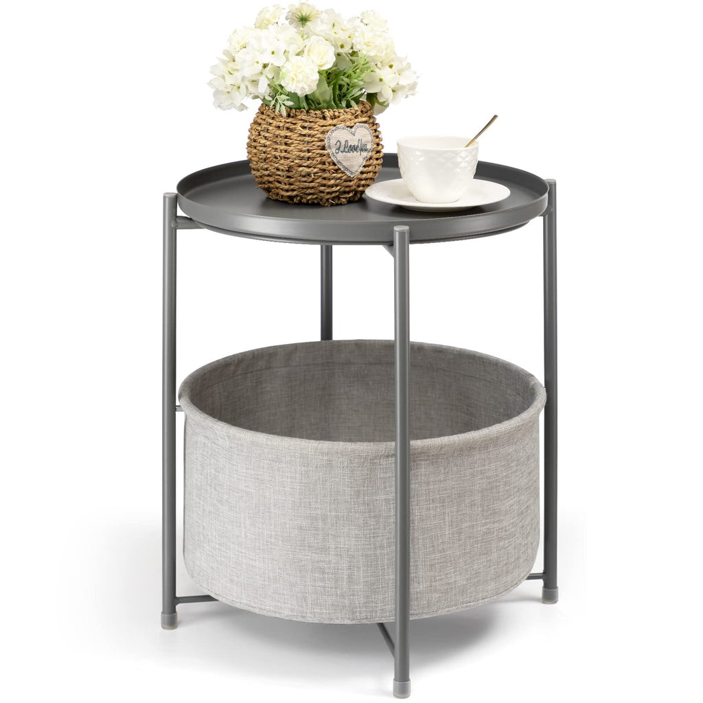 Danpinera Gray Metal Round Side Table with Fabric Storage Basket