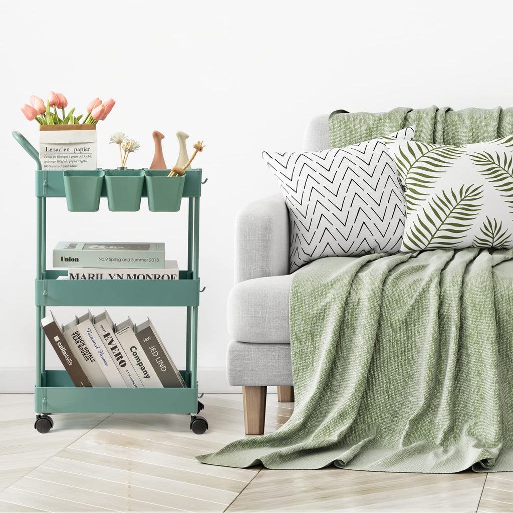 Green 3 Tier Slim Utility Cart Bathroom Storage Cart with Wheels