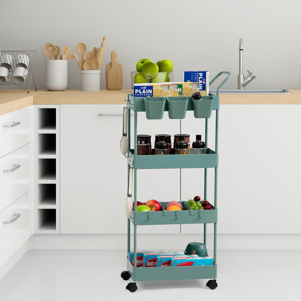 Danpinera Green 4 Tier Utility Cart Narrow Laundry Metal Rolling Storage Cart