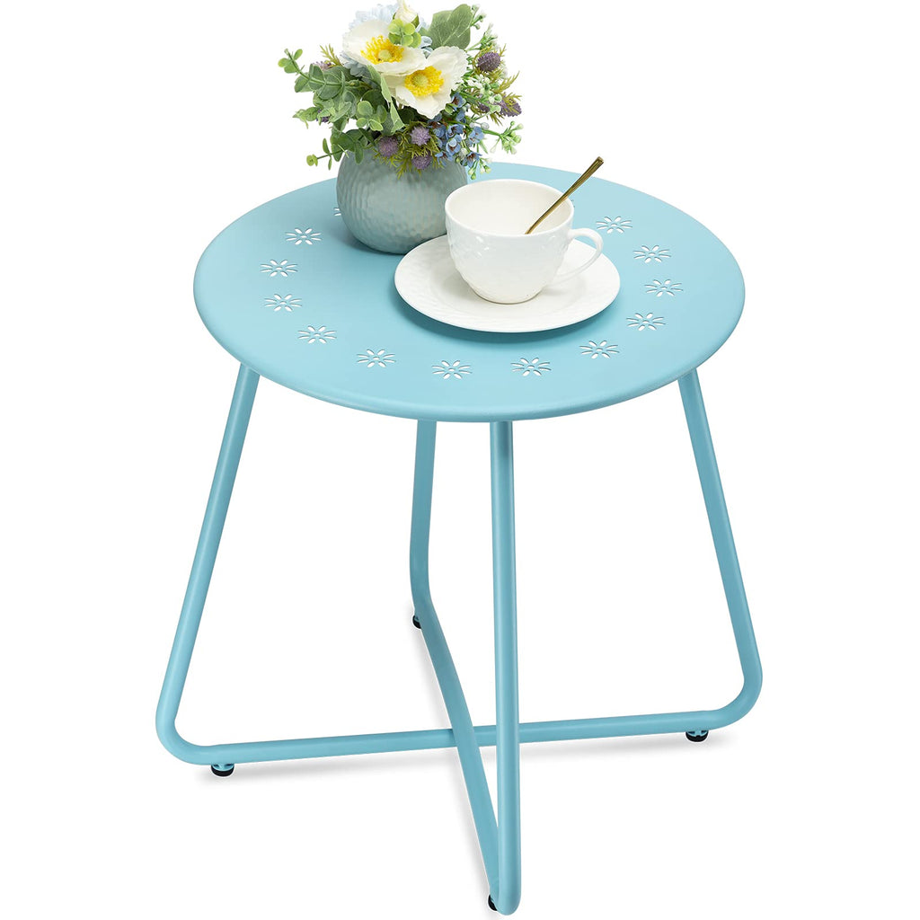 Danpinera Light Blue Round Shape Flower Cutout Metal Patio Side Table