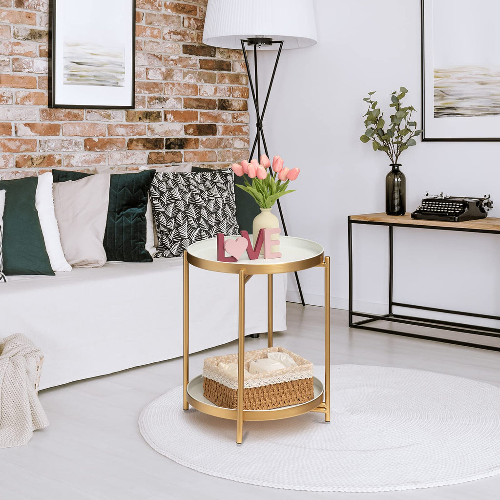 Danpinera Modest Gold And White 2-Tier Small Round Metal Side Table With Removable Tray