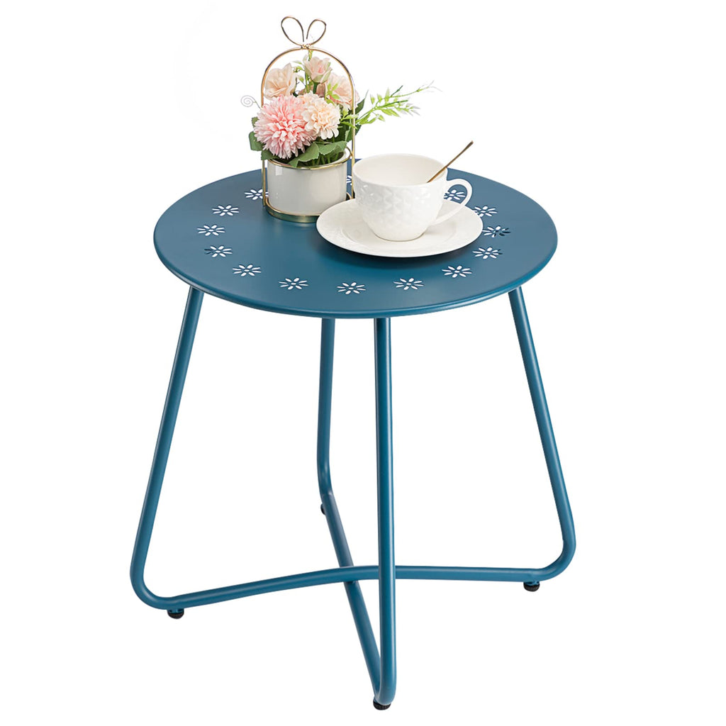 Danpinera Navy Blue Round Shape Flower Cutout Metal Patio Side Table