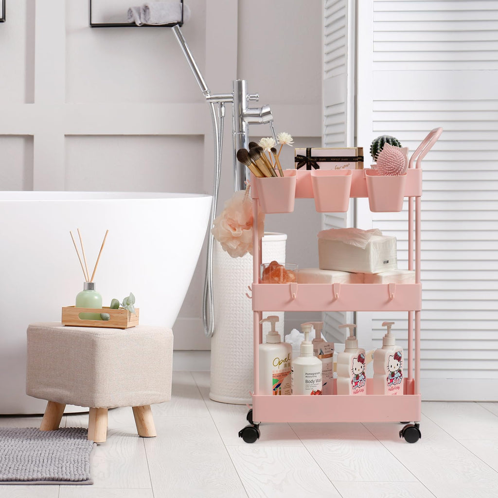 Danpinera Pink 3 Tier Slim Utility Cart Bathroom Storage Cart with Wheels