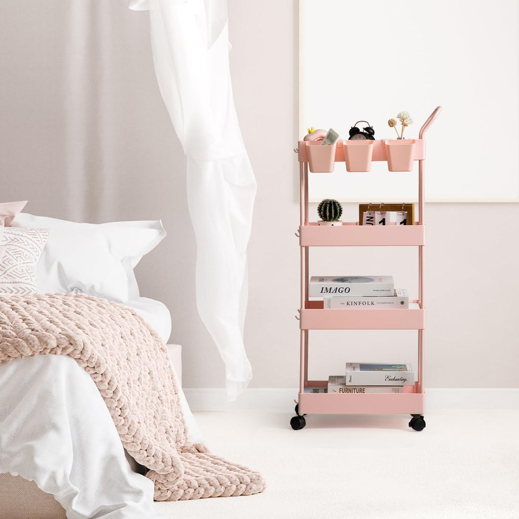 Danpinera Pink 4 Tier Utility Cart Narrow Laundry Metal Rolling Storage Cart