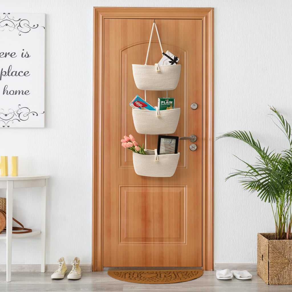White 3-Tier Woven Cotton Hanging Storage Organizer Bag